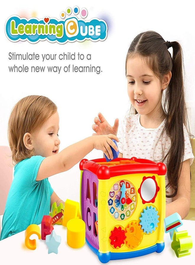 YUJASV مكعب أنشطة الأطفال YUJASV 6 في 1 يتضمن حروف ABCD، وفرز الأشكال الملونة، وساعة على شكل مركبة، ومفاتيح بيانو، وشجرة حروف الأبجدية، لعبة تعليمية للأطفال - Image 5